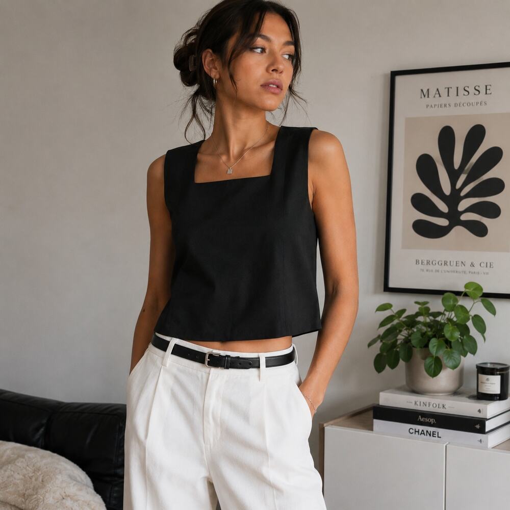 Kourt Sz Small Linen Blend Black Sleeveless Crop Top Boxy Fit Upscale Casual Top